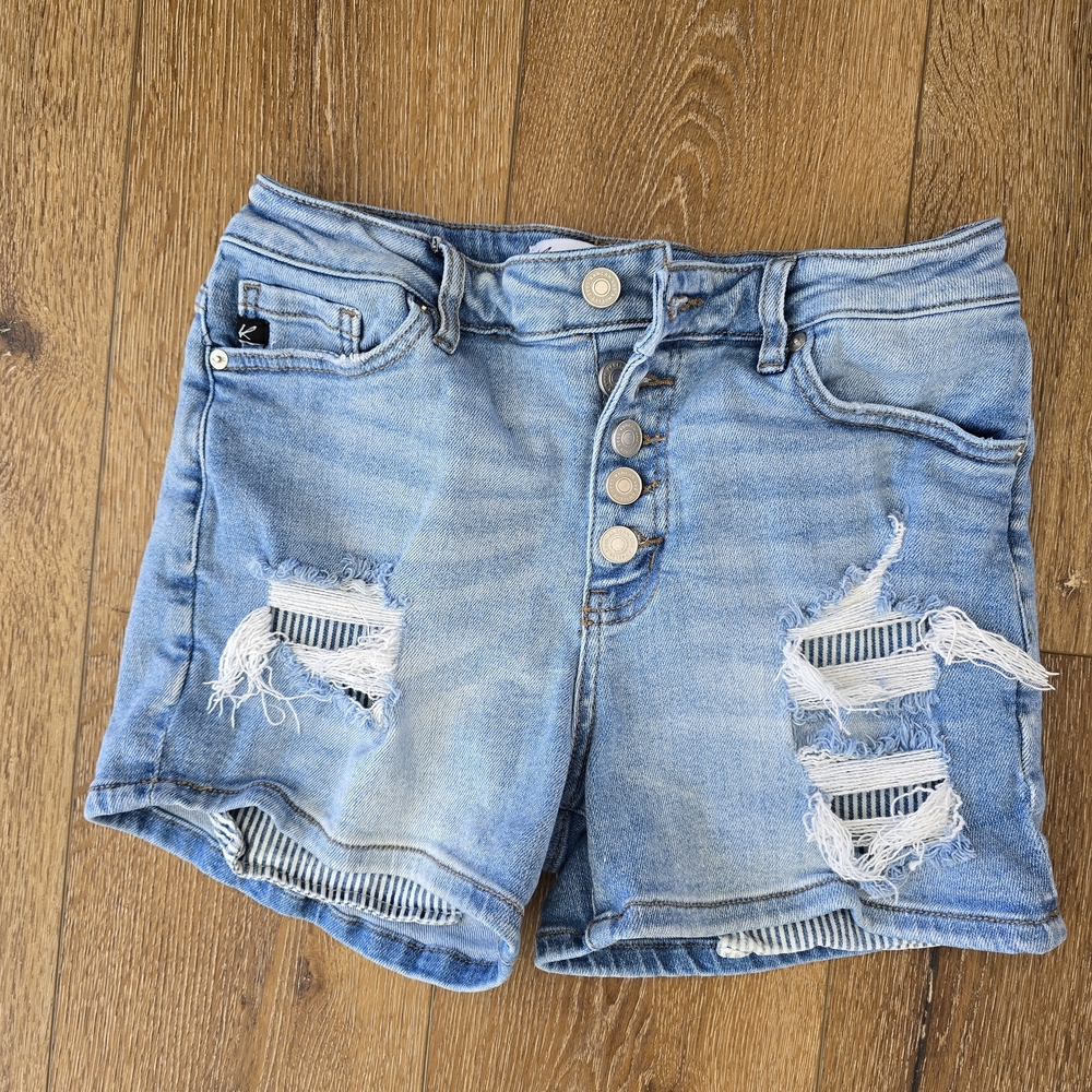 KanCan Women’s Light Blue High-waisted Distressed Denim Shorts
